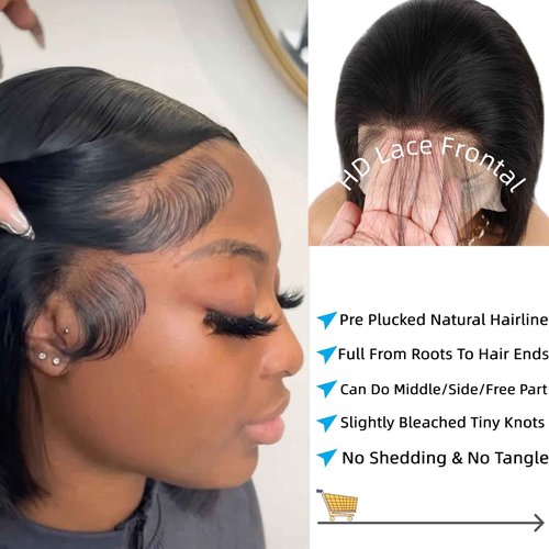 aallinine 13x4 Lace Front Bob Wigs Human Hair HD Lace Bob Wig Human Hair Straight Frontal Bob Wigs for Black Women Pre Plucked with Baby Hair 10 Inch Natural Color