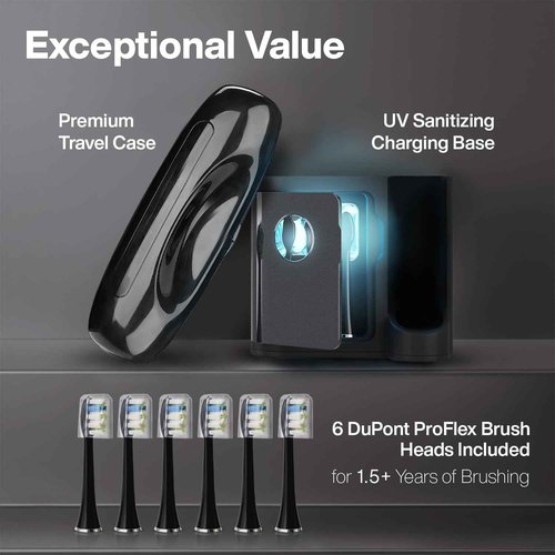 Aquasonic Black Series PRO UV – Ultra-Whitening Electric Toothbrush – 5 Modes & Smart Timers – UV Sanitizing Base, Premium Travel Case & 6 Proflex Brush Heads – ADA Accepted