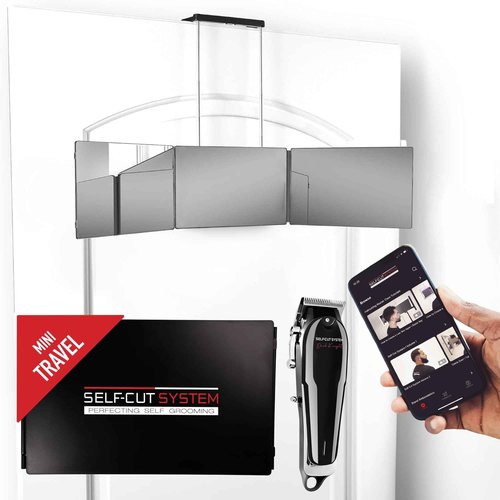 Self-Cut System Cordless Hair Clipper & 3 Way Mirror – Adjustable Tri-Fold Barber Mirror with Hair Trimmer – Perfect for Self Haircuts, Travel, and Grooming Anywhere