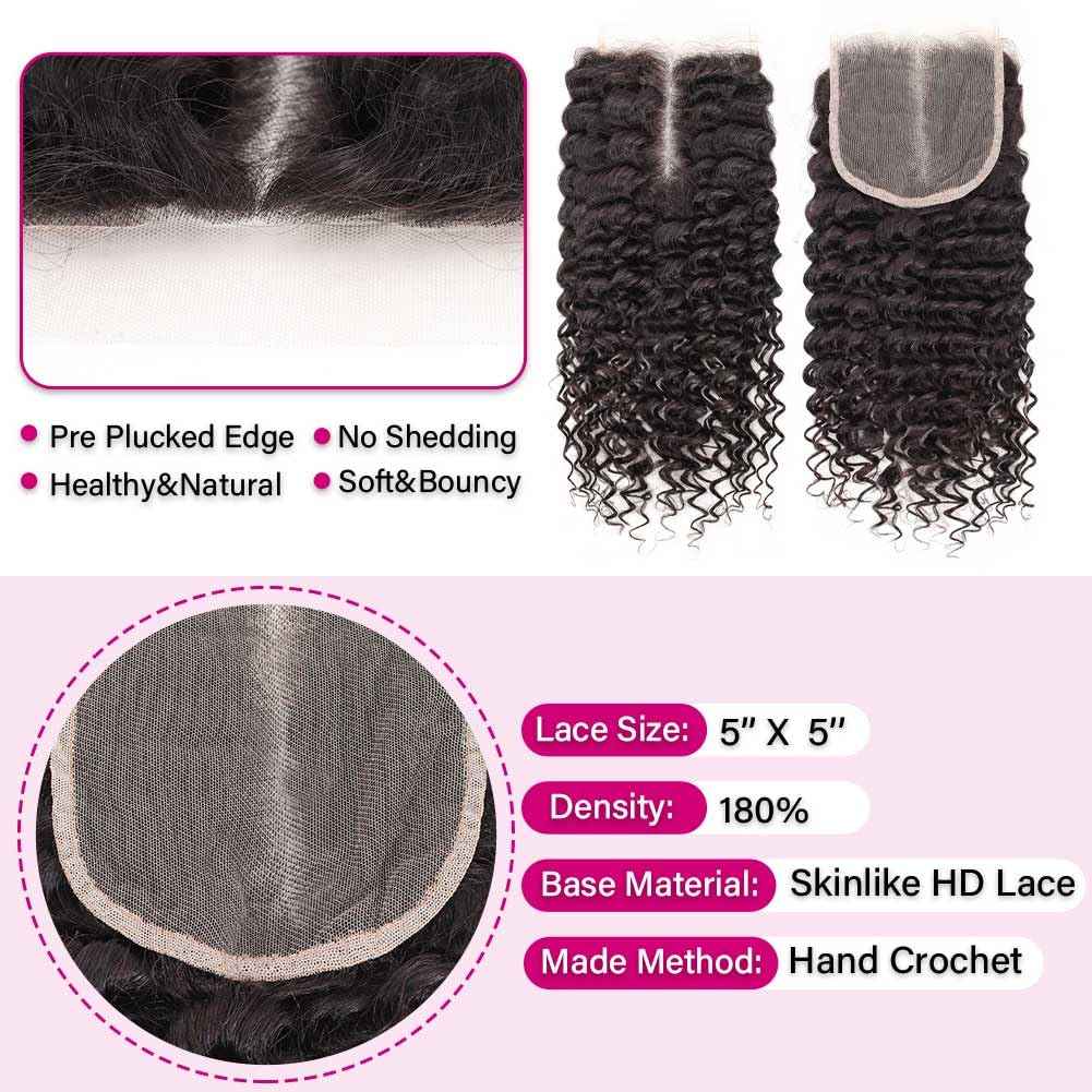 Omswet Skinlike HD Lace 5x5 Closure Human Hair Deep Wave Human Hair Closures for Black Women 12A Virgin Hair Pre Plucked Hairline Small Knots Invisible HD Lace Curly Closure 20 Inch