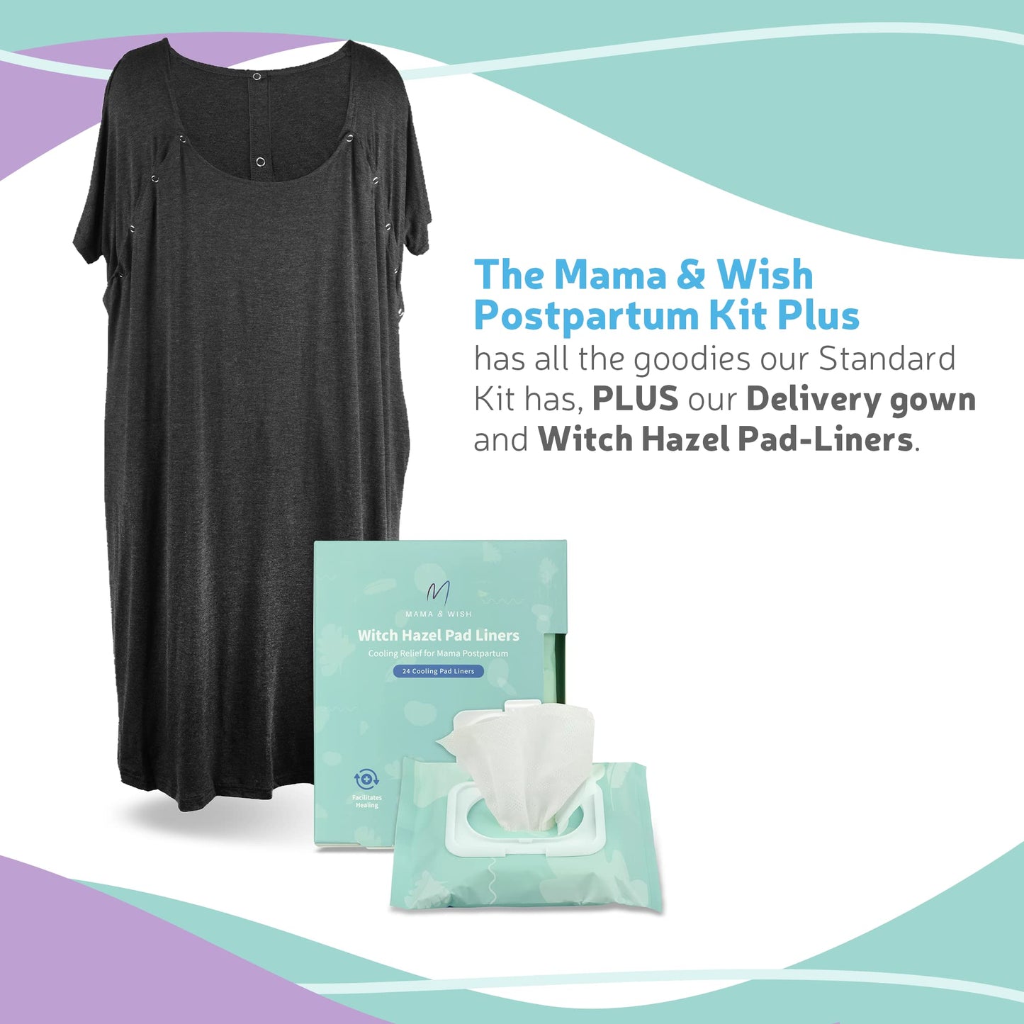 Mama & Wish® Postpartum Essentials Kit (14-Piece) - Includes Hospital Post Partum Essentials for Women After Birth, Labor and Delivery Gown, Peri Bottle, Witch Hazel Foam, Pad Liners & More!