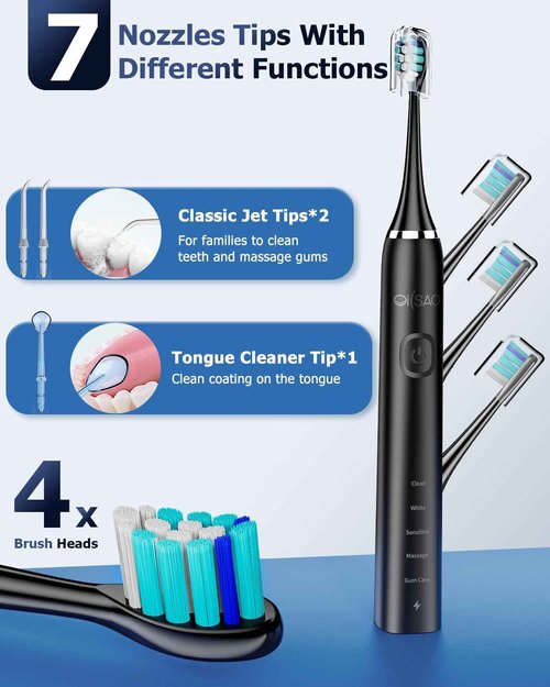 Electric Toothbrush with Water Flosser Combo: 600ML Large Water Tank & Ultrasonic Cleaning- Gum Care & Whitening- 5 Brush Modes & 10 Pressure Settings for Family Use, Black