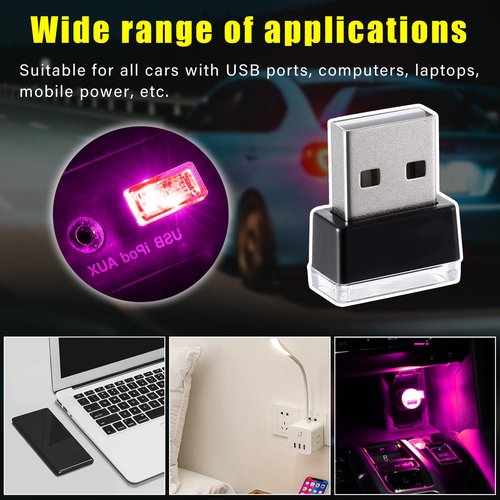 Augeny 4 PCS USB LED Car Interior Atmosphere Lamp, Plug-in USB Decor Night Light, Portable Auto Ambient Lighting Kit, Universal Vehicle Interior Accessories for Most Cars (Purple)