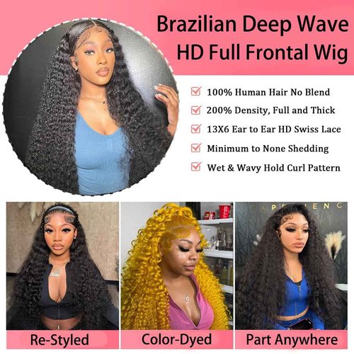 MMFZPHEIR Deep Wave Lace Front Wigs Human Hair 200% Density 13x6 HD Transparent Deep Wave Frontal Wigs Human Hair With Baby Hair(26 Inch)