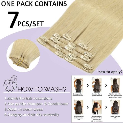 Anrosa Bleach Blonde Highlights - 18Inch Seamless Clip in Human Hair Extensions (7 Pcs, 110Gram) - Real, Natural, Silky Straight PU Weft