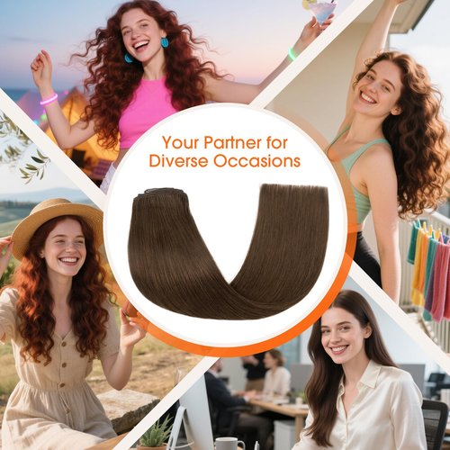 TESS Seamless Clip in Hair Extensions Human Hair Remy Clip ins Natural Soft Straight 8pcs 18Clips, 20 Inch, Dark Brown