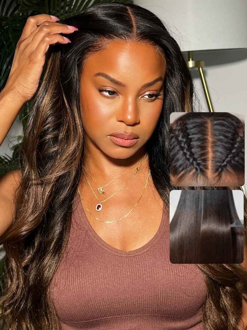 UNICE Yaki Straight 13x4 Lace Front Wigs Human Hair with Drawstring Pre Everything Glueless Frontal Human Hair Wig Pre Plucked Pre Cut Bleached Knots Chestnut Brown ombre Color 150% Density 10 inch