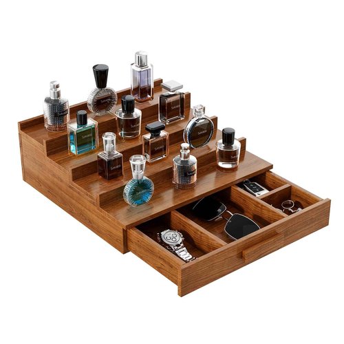 Sueuapp Cologne Organizer for Men,4 Tier Walnut Wood Cologne Stand,Cologne Shelf Display Holder with Hidden Storage and Drawer,Perfume Stand Organizer Great Gift for Men,Walnut
