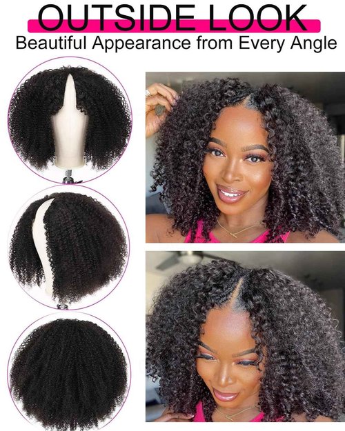 V SHOW Curly V Part Wig Human Hair Upgrade U Part Wig Human Hair Wigs for Women Glueless V Shape Wig Afro Curly Wigs No Leave Out 180% Density Natural Color 18Inch