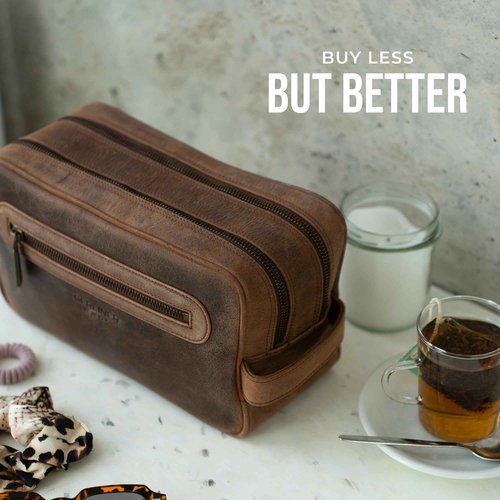 BERLINER BAGS Vintage Genuine Leather Toiletry Bag Max 2, Two Zippered Compartments, Large Capacity Cosmetics Bag for Men and Women for Travel - Brown
