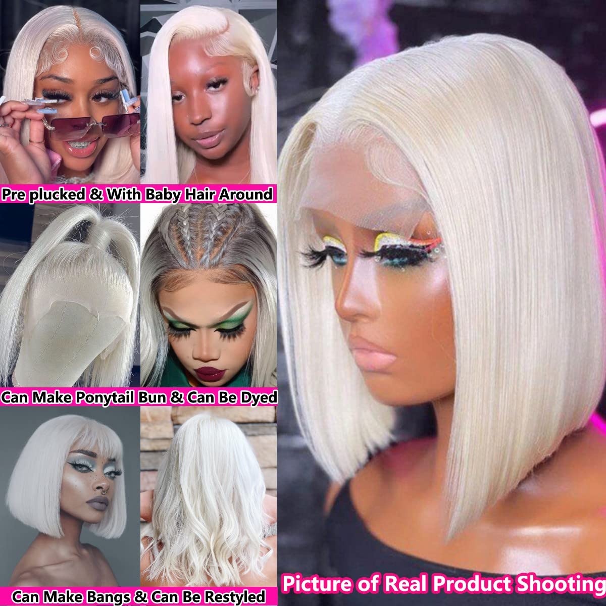 #60 Silver Grey White Platinum Blonde Wigs Human Hair for Women 10 Inch Silky Straight Ash Blonde Bob Lace Front Wigs with Baby Hair Pre plucked HD Transparent Lace Frontal 150% Density