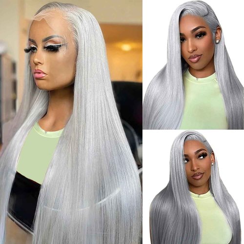 Ubetta 13x6 Grey Lace Front Wigs Human Hair, 24 Inch Silver Gray Glueless Wig Human Hair Pre Plucked HD Lace Front Wigs Silver Grey 180% Density Straight Lace Frontal Wig for Black Women