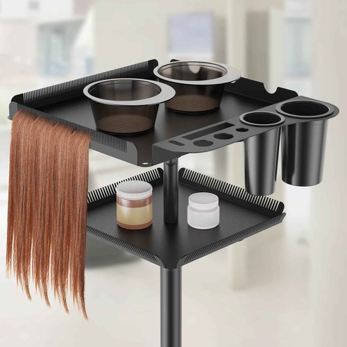 Rolling Salon Tray on Wheels with Braiding Hair Platform, Metal Salons Tray Cart with 2 Magnetic Bowls, Hairstylist Tray for Salon Station, Height Adjustable Salons Trolley Cart for Salon&Spa Use
