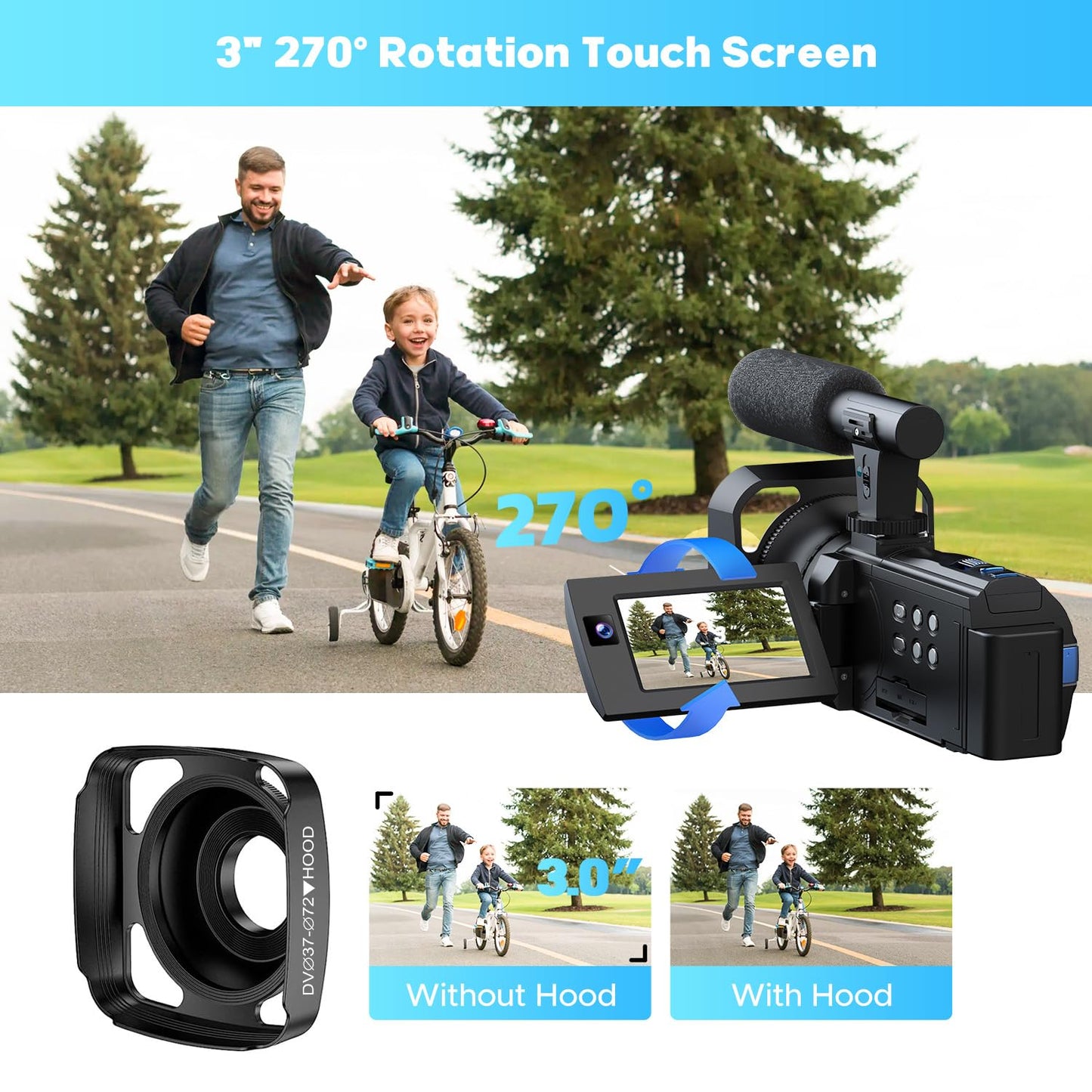 5K Camcorder Video Camera 56MP 16X Dual Lens Vlogging Camera for YouTube with WiFi & Night Vision, 3" 270° Touch Screen Cam corder - Includes 64GB SD Card, 2 Batteries, Tripod, Mic, Remote, Lens Hood