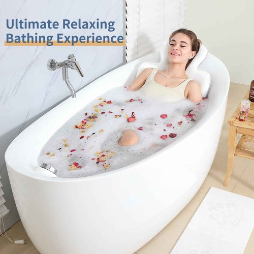 Luxury Bath Cushion, Full Body Bathtub Pillow with 160 Suction Cups, Bath Mat for Head and Neck Support, with Laundry Bag (White, 60.2" x 16.2")