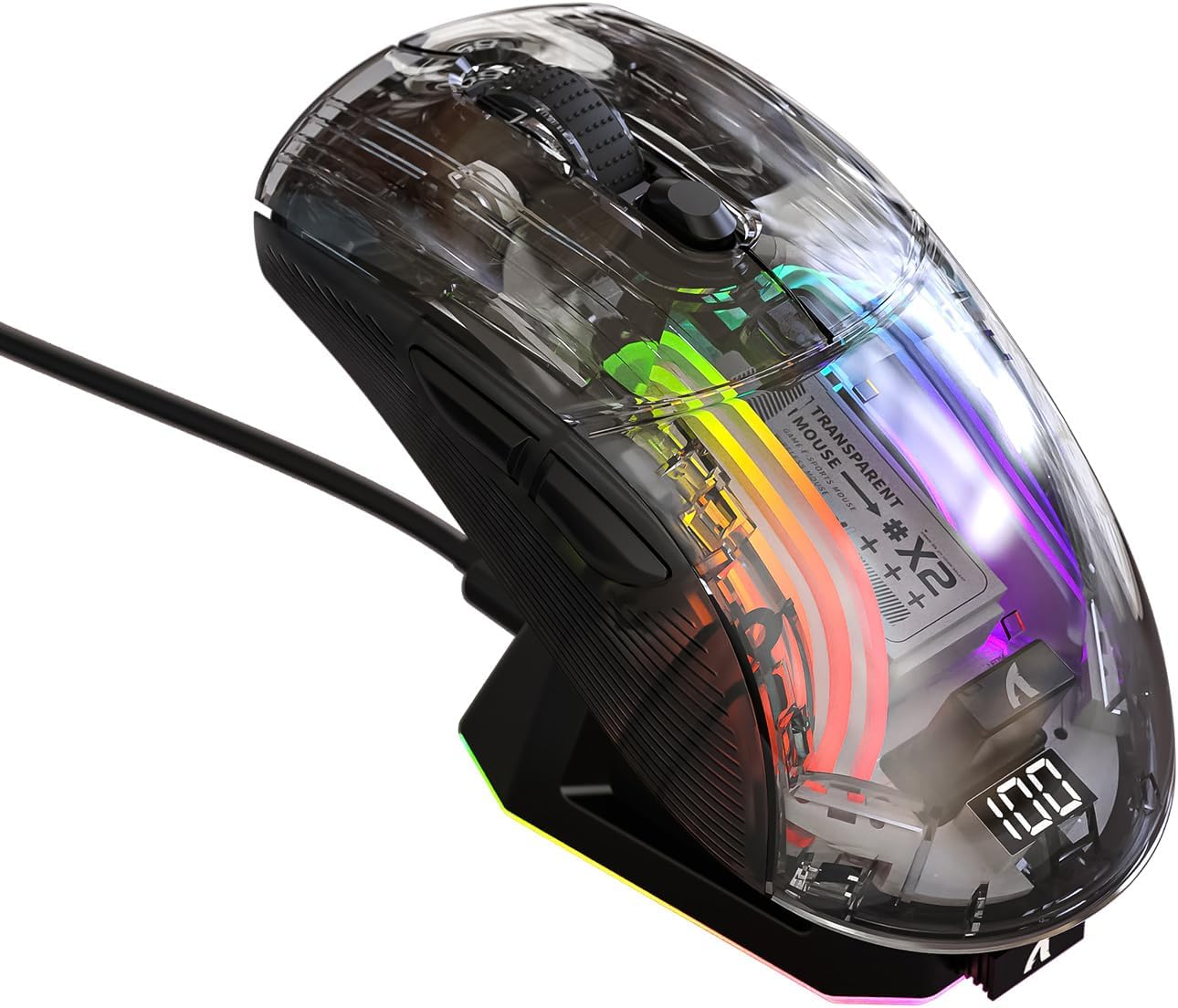 A.JAZZ Wireless Gaming Mouse with Full Transparent,Tri-Mode 2.4GHz/Bluetooth/Wired Mouse,Digital Display,Charging Base,3D RGB Backlit,Silent Mice with 7 Buttons,Wireless Mice for Laptop,PC,Mac(White)