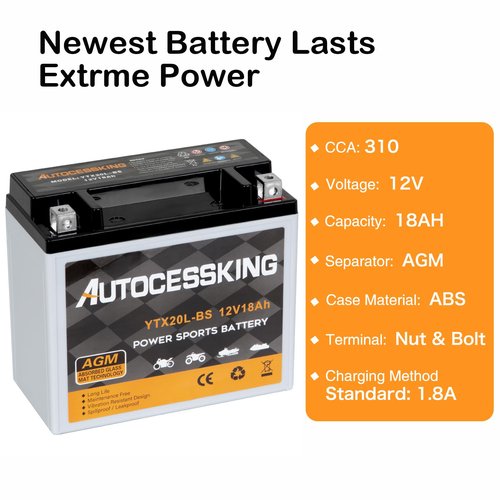 Autocessking YTX20L-BS 12V 18AH Motorcycle Battery, Rechargeable Sealed AGM Battery Maintenance Free Powersport Replacement Battery for ATV and Scooter