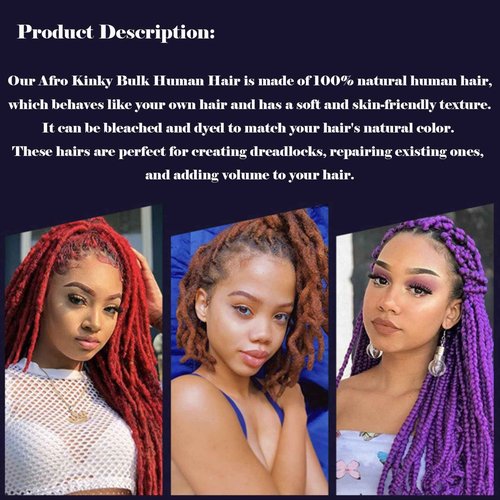 Afro Kinky Bulk Human Hair For Dreadlock Extensions Repair Locs,Twist Braiding, 100% Human Braiding Hair ，30Grams each bundles Total (10Inch #1B 10bundles)