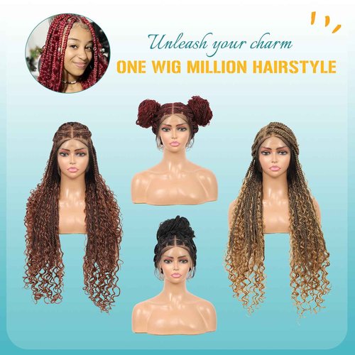 Kalyss HD Full Lace Boho Braided Wigs for Women 360 Lace Front Box Braided Wigs with Baby Hair Burgundy Red Premium Synthetic Knotless Braid Wig 36"