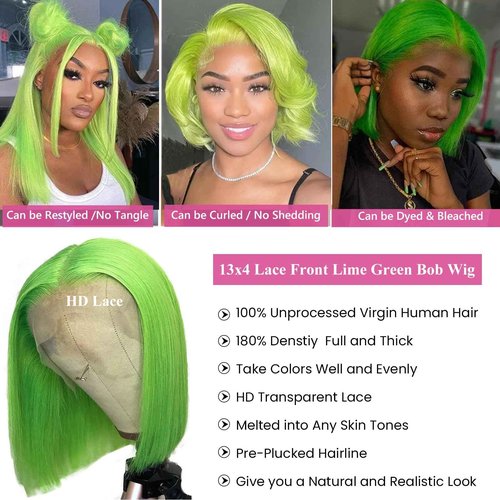Bob Wig Human Hair Lace Front Wigs Lime Green 13x4 HD Lace Front Wigs Human Hair Pre Plucked Glueless Wigs for Black Women 8 Inch Bob Wig Brazilian Virgin Human Hair Lace Front Wigs 180% Density