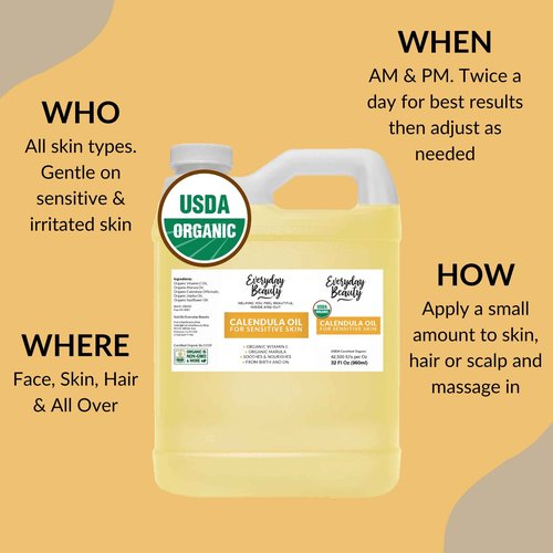 Organic Calendula Oil For Sensitive Skin -Bulk 32 Fl Oz- USDA Organic Certified 100% All Natural Plant Based, Lightweight & Unscented Gentle Soothing Oil For Sensitive Skin - For Face, Skin & All Over