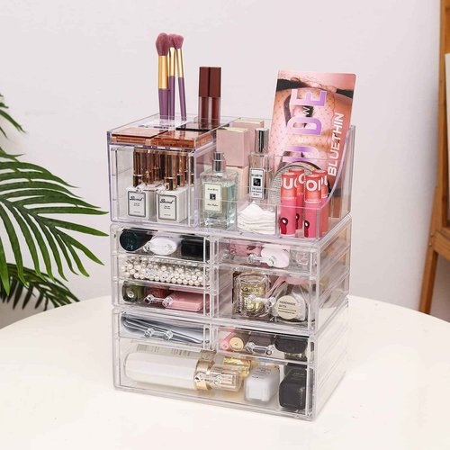 Cq acrylic 3 Pack Clear Make up Organizer Countertop,Stackable 9 Drawers Makeup Storage,Cute Vanity Organizers for dresser Hair Clip,Jewelry,Beauty Product Desk and Bathroom Organizers and Storage