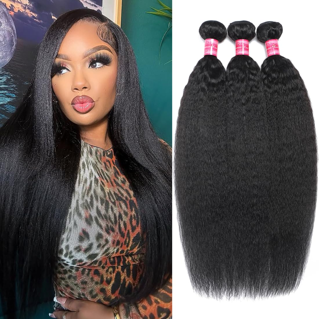 Kinky Straight Human Hair Bundles(14 16 18 Inch)100% Unprocessed Brazilian Virgin Human Hair 12A Yaki Straight 3 Bundles Hair Weft Sew In for Black Women Natural Color
