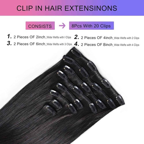 Clip in Hair Extensions Real Human Hair, 22 Inch 110g, 1B Natural Black, Invisible Seamless Straight Remy Human Hair Clip in Extensions for Women 8pcs Per Set with Double Weft