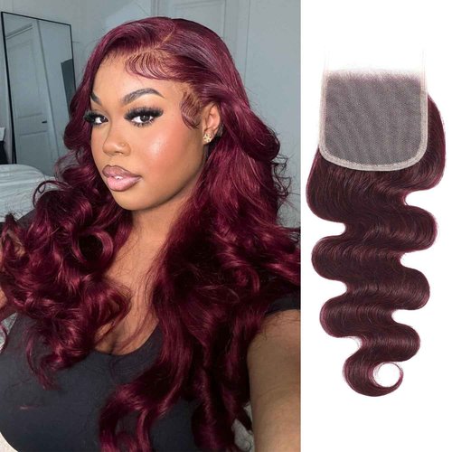 ALHER #99j Burgundy Body Wave 4x4 Closure Free Part Human Hair 18 Inch, 12A Dark Burgundy Wine Red Colored Wavy HD Lace Closure, 100% Unprocessed Virgin Remy Hair Pre Plucked With Baby Hair Closure