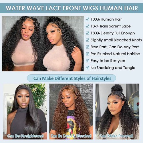 Water Wave 13x4 HD Lace Front Wigs Human Hair 180 Density Wet And Wavy Human Hair Wig Pre Plucked Wigs for Woman With Baby Hair Natural Black Color 24 Inch