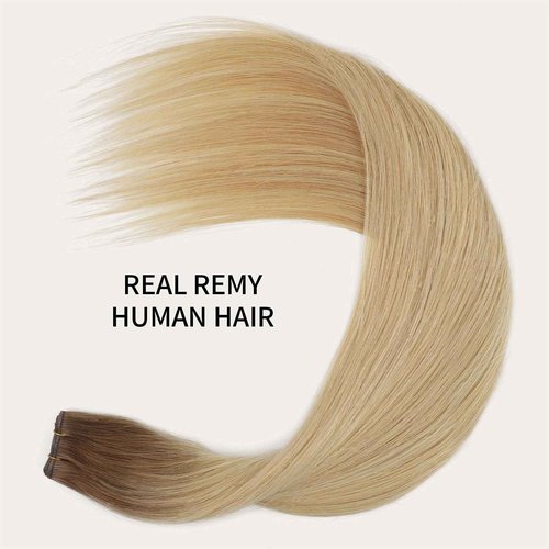 ABH AMAZINGBEAUTY HAIR Genius Weft Hair Extensions Human Hair Sew in Hair Extensions Real Human Hair Weft Extensions Hand Tied Virgin Hair 50G, #R6/18/613 Root Chestnut Brown Highlight Blonde 16 Inch