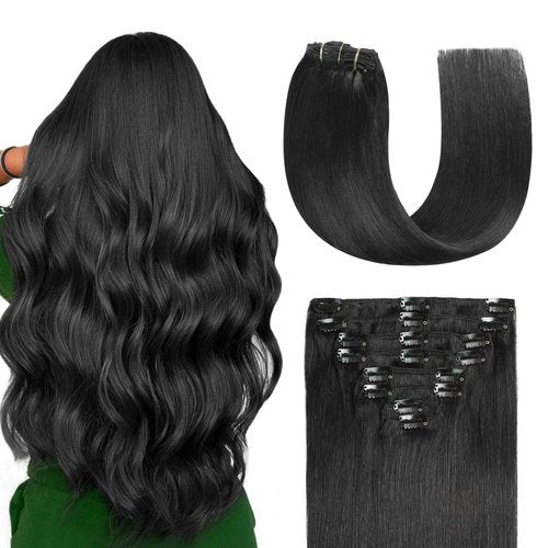 Sunya Clip in Hair Extensions Real Human Hair Jet Black Human Hair Extensions Clip Ins 22 Inch Double Weft Straight Human Hair Clip in Extensions #1 8Pcs 120g