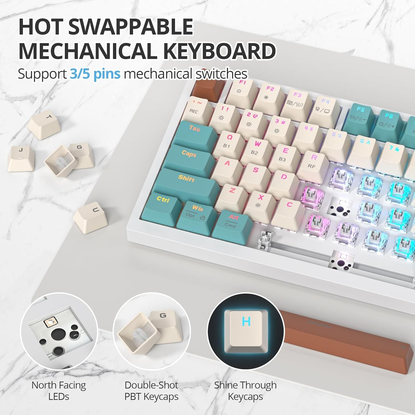400PRO 75% Wireless Black Blue Gaming Keyboard, Gasket Hot Swappable RGB Mechanical Keyboard, Bluetooth/2.4GHz/USB-C Thocky Keyboard with Pre-lubed Cream Grey Switches (82 Black Blue-B)