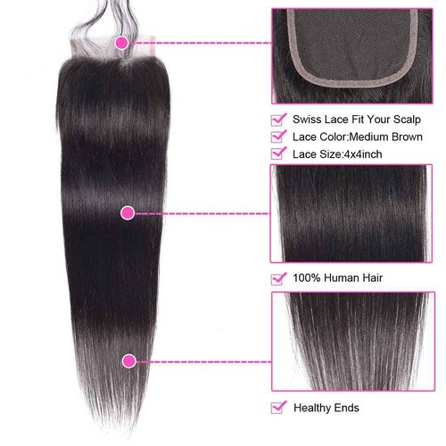 Peruvian Straight Hair Bundles Human Hair Bundles with Closure(18 20 22+14)Unprocessed Virgin Human Hair 3 Bundles with Closure 10A Straight Remy Hair Weave Bundles with 4x4 Lace Closure Natural Color
