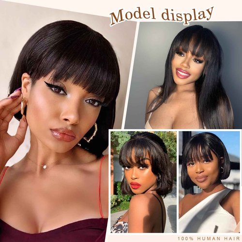 Benehair 14 Inch Light Yaki Straight Human Hair Wig Bob Wig with Bangs 2.75x1 Realistic Look Lace Glueless Wigs Human Hair Blunt Cut Short Black Bob Wig with Bangs 180% Density Natural Black