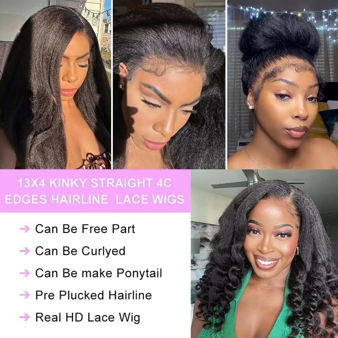 13X4 Lace Front Wig With Curly Edges Hairline 180% Density Kinky Straight Human Hair Wigs for Black Women Yaki Straight HD Lace Wig with Curly Baby Hair Glueless Wigs for Women Natural Black 20 Inch