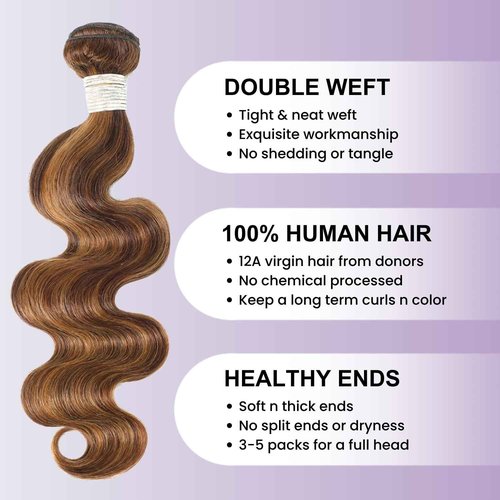 AUROO 12A Honey Blonde Highlight Human Hair Bundles With 2x6 HD Closure Body Wave,100% Virgin P4/27 Ombre Brown Weaves 3 Bundles with Kim K Long Deep Part 2x6 Lace Closure Pre Plucked Remy 10 12 14+10