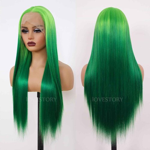 Lovestory Green Lace Front Wigs Long Straight Glueless Hair Ombre Green Color Wig Heat Resistant Synthetic Lace Front Wigs for Fashion Women 22inch
