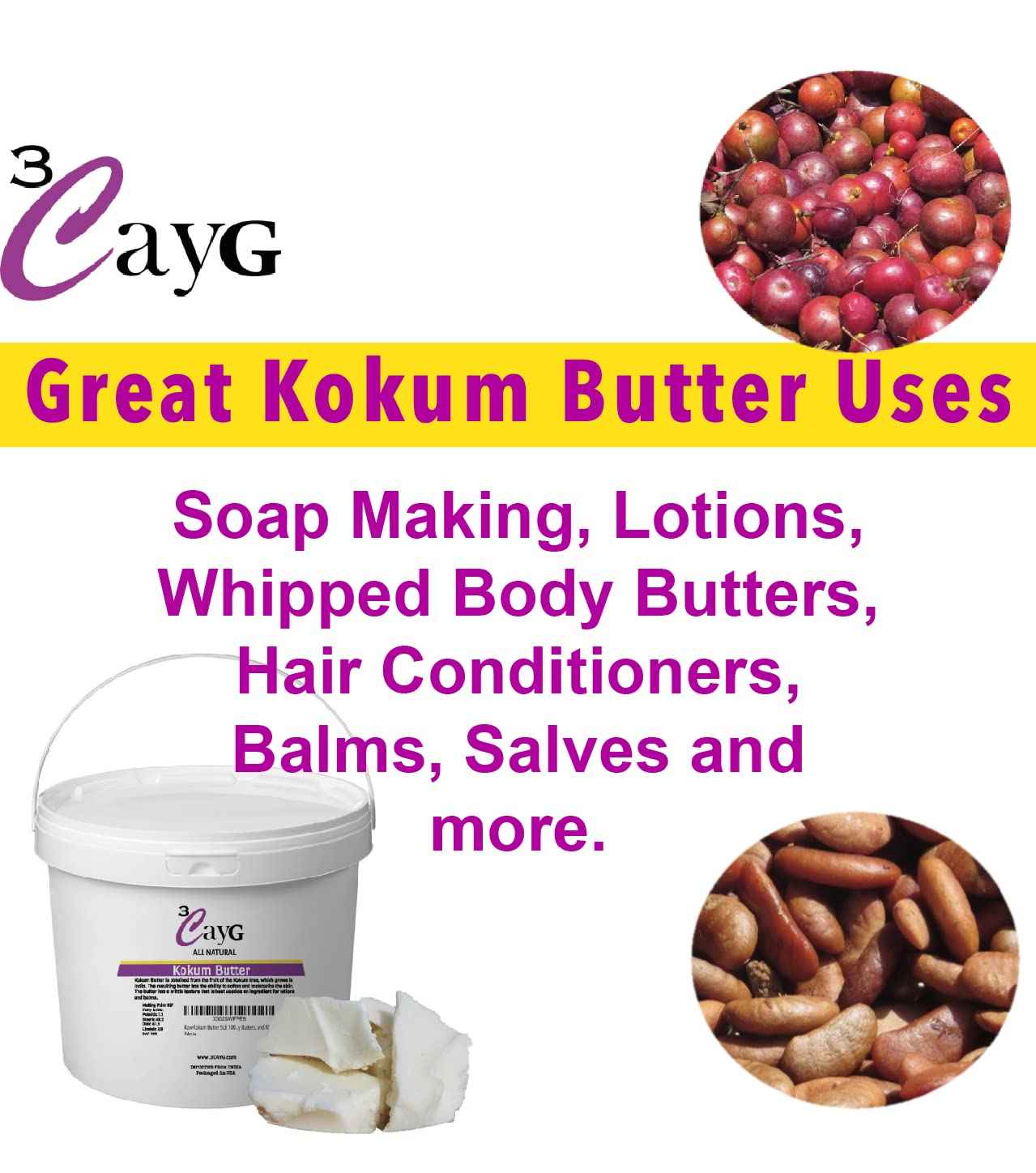3CayG 5lb Raw Kokum Butter Pure for Lotion Making Soap Making Body Butters, and More