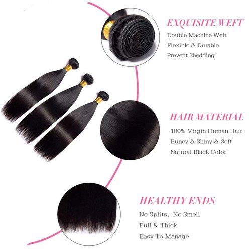 Rebasar Brazilian Straight Human Hair 3 Bundles (22 22 22 Inch) Weave 100% Unprocessed Virgin Weave Hair Human Bundles for American Black Women Remy Straight Hair Extensions Natural Black Color Weft