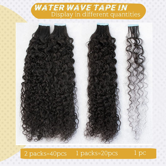 #1B Water Wave Tape in Extension for Black Women, 9A Brazilian Human Hair Adhesive Skin Weft Loose Wave Tape ins Human Hair Extensions Full Ends 40pcs 100g(24inch, #Natural Black)