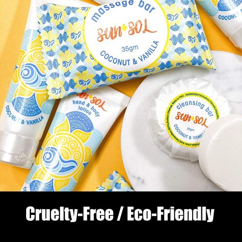World Amenities Sun + Sol Bulk Moisturizing Massage Bar with Warm Coconut & Vanilla Fragrances, Sachet Wrapped Travel Size Toiletries, Mini Hotel Amenities, 1.23 oz (300 Pack)