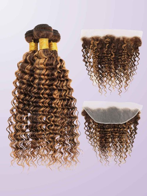AUROO Honey Blonde Highlight Deep Wave Bundles with Frontal Closure, 12A Thick Tracks Deep Wave 13x4 Ear to Ear Lace frontal and 3 Bundles Virgin Hair 4/27 Ombre Brown Curly Bundles 10 12 14 + 10 Inch