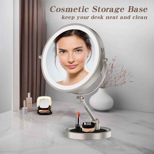 9" Large Lighted Makeup Mirror with 1X/10X Magnification, 4000mAh Rechargeable Vanity Mirror with Height Adjustable & 3 Color Dimmable Lights, 360°Swivel Double Sided Tabletop Cosmetic Mirror