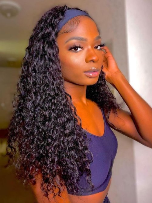Liwsizxk Water Wave Headband Wig Human Hair 16inch Curly Drawstring Headband Wigs Human Hair Wear and Go Glueless Wigs for Black Women Brazilian Virgin Hair 220 Density Natural Color