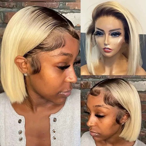 Ombre 613 Blonde Bob Lace Front Wigs Black to Blonde Dark Roots Colored Human Hair Wigs Glueless 13X4 HD Straight Brazilian Virgin Human Hair Wig Lace Wig for Black Women 150% Density (#1B/613)