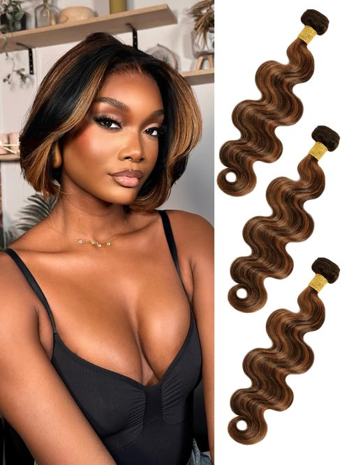 Anmetan Honey Blonde Highlight Bundles Human Hair Body Wave, 12A Thick F1B/30 Highlight Black and Brown Colored Quick Weave 100% Brazilian 12A Unprocessed Remy Hair Double Weft 3 Bundles 10/12/14 Inch