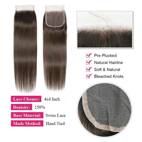 Dark Brown Human Hair Bundles with Closure (14 16 18with 14Free) Chocolate Brown Straight Hair 3Bundles with 4x4 Lace Closure Double Machin Weft Brown Bundles Human Hair