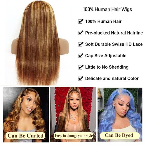 Mysyty Highlight Straight 13x4 HD Lace Front Wig 4/27 Straight Lace Frontal Wigs Human Hair Pre Plucked With Baby Hair Honey Blonde Ombre Wig For Women Glueless Wig Human Hair 24 Inch 180% Density