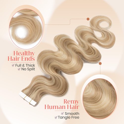 Elailite Wavy Tape in Hair Extensions Human Hair Body Wave Real Remy Hairpieces Ash Blonde & Bleach Blonde 20 Inch 50g 20pcs Invisible Seamless Skin Weft Best Tape for Women
